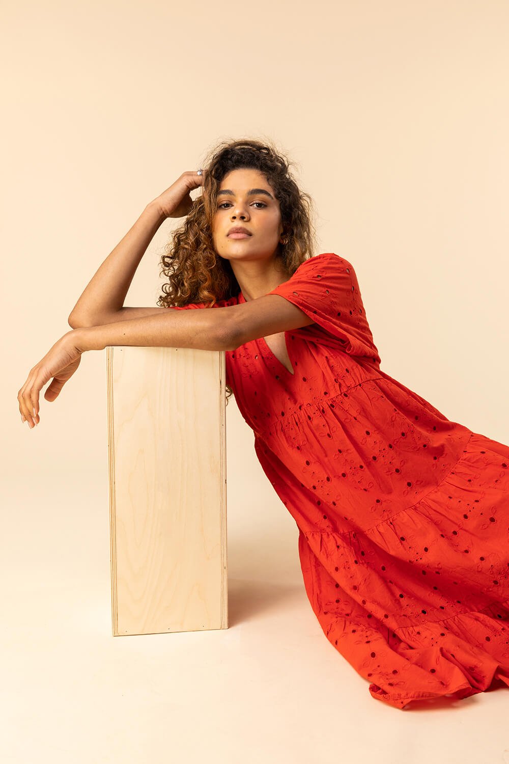 Roman Originals Broderie Tiered Smock Dress in Red