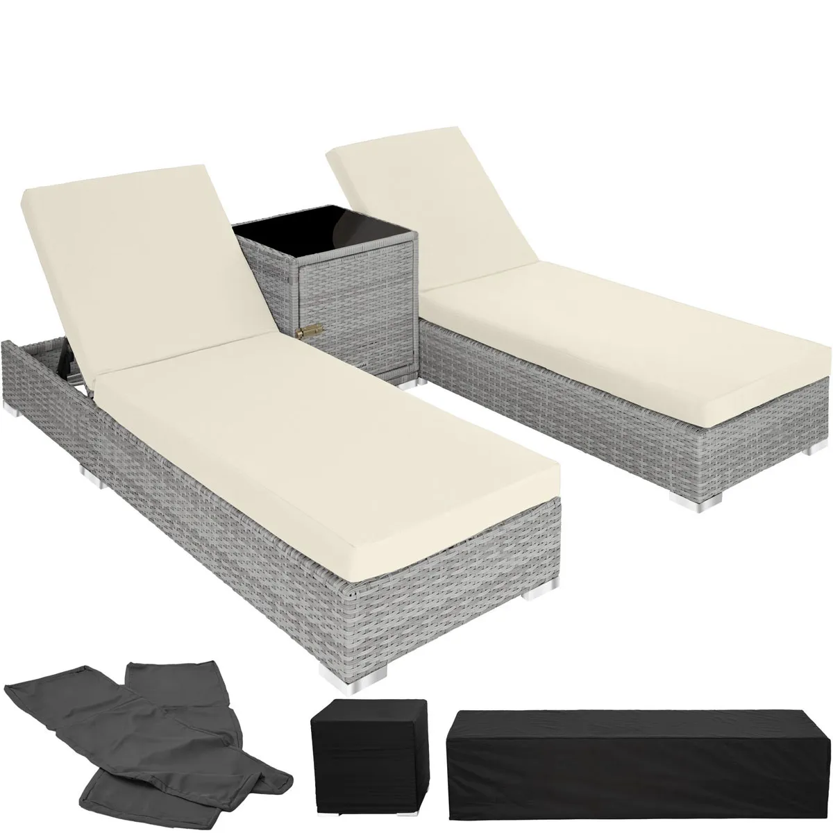 TecTake 2 sunloungers + table with protective cover rattan aluminium - reclining sun lounger, garden lounge chair, sun chair - light grey