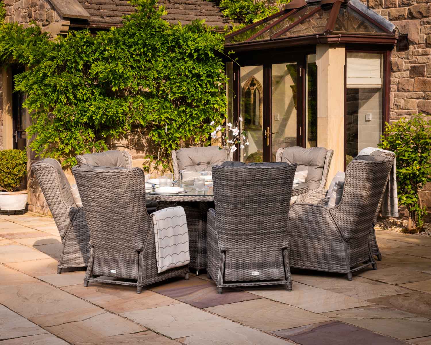 Rattan Direct Fiji 6 Reclining Rattan Garden Chairs &amp; Large Round Fire Pit Dining Table in Grey