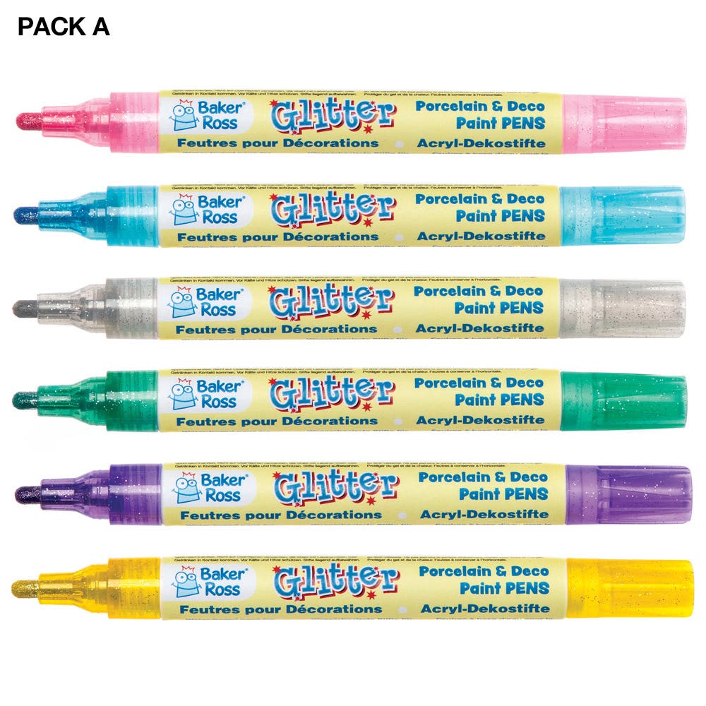 Baker Ross Glitter Porcelain & Deco Paint Pens (Colour Pack A)