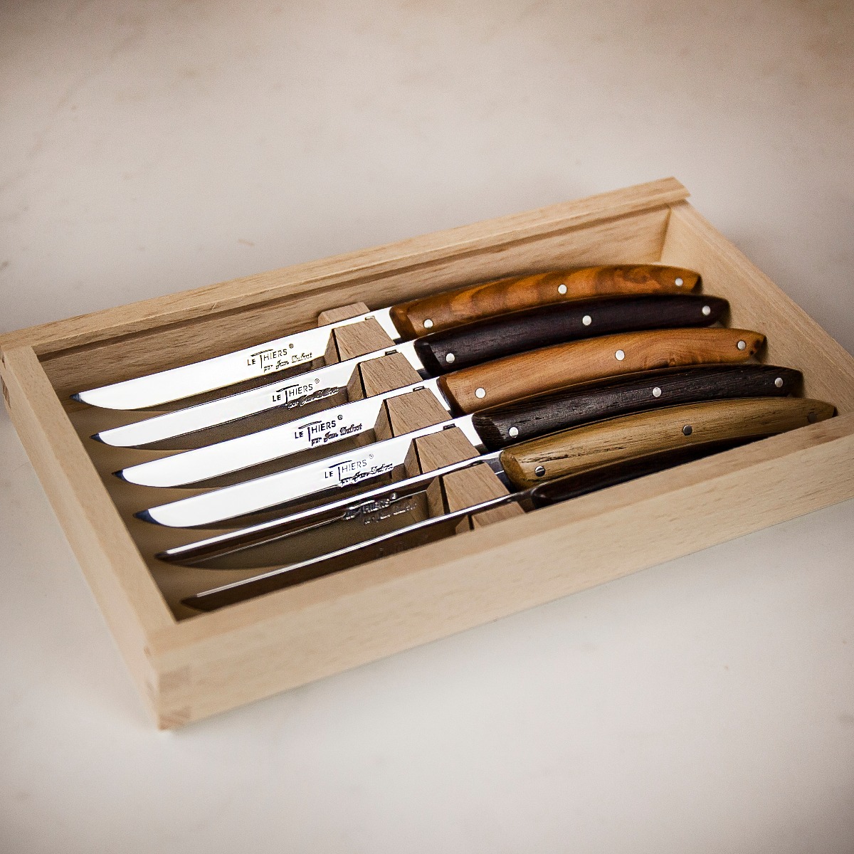 Jean Dubost Le Thiers Steak Knives 6 Piece Set with Mixed Wood Handles