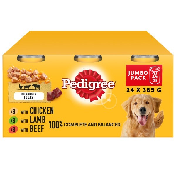 24 X 385G Pedigree Adult Wet Dog Food Tins Mixed Selection In Jelly Dog Can Chicken Lamb Beef