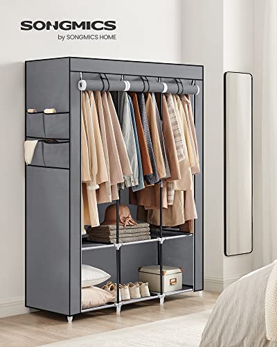 SONGMICS SONGMICS Clothes Wardrobe, Portable Closet with Cover, 45 x 130 x 167 cm, 3 Hanging Rails, Shelves, 4 Side Pockets, Large Capacity for Bedroom, Living Room, Grey RYG092G02