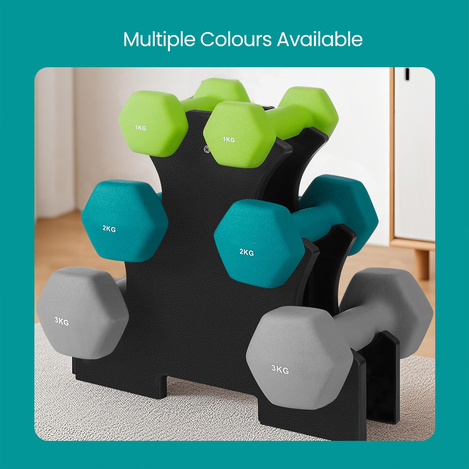 SONGMICS Dumbbells Set with Stand, Neoprene Hex Dumbbells, Grey + Blue + Green