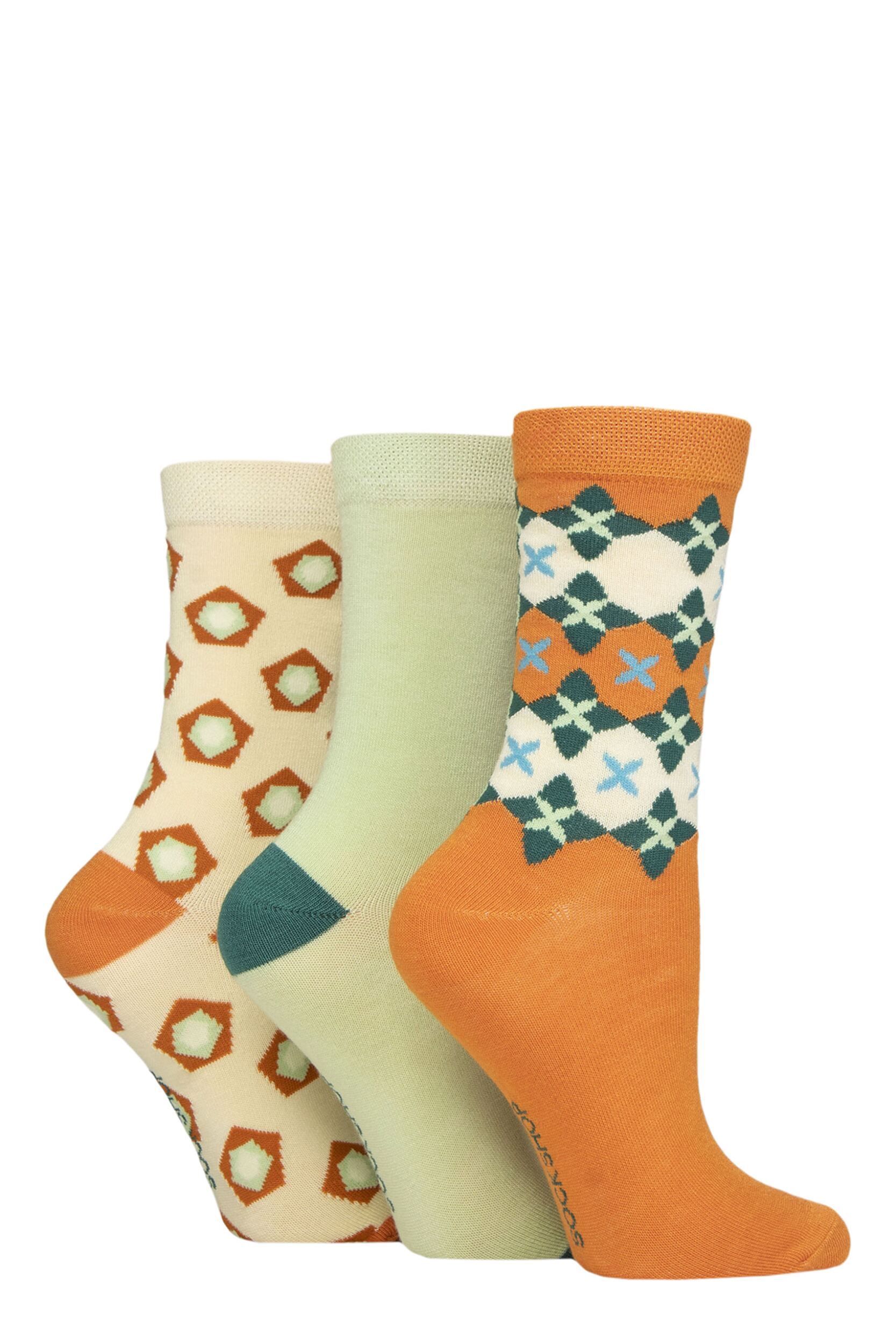 SOCKSHOP Ladies 3 Pair Patterned Plain and Striped Bamboo Socks Patterned Marmalade Geo 4-8