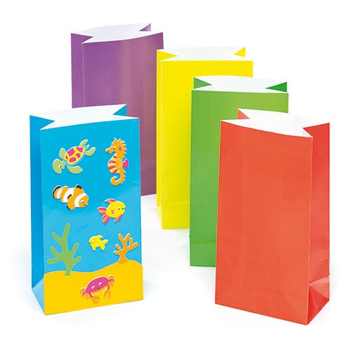 Baker Ross Coloured Paper Bags - 10 Gift Bags In 5 Beautiful Colours. Paper Party Bags. Size 25cm x 13cm x 8cm.