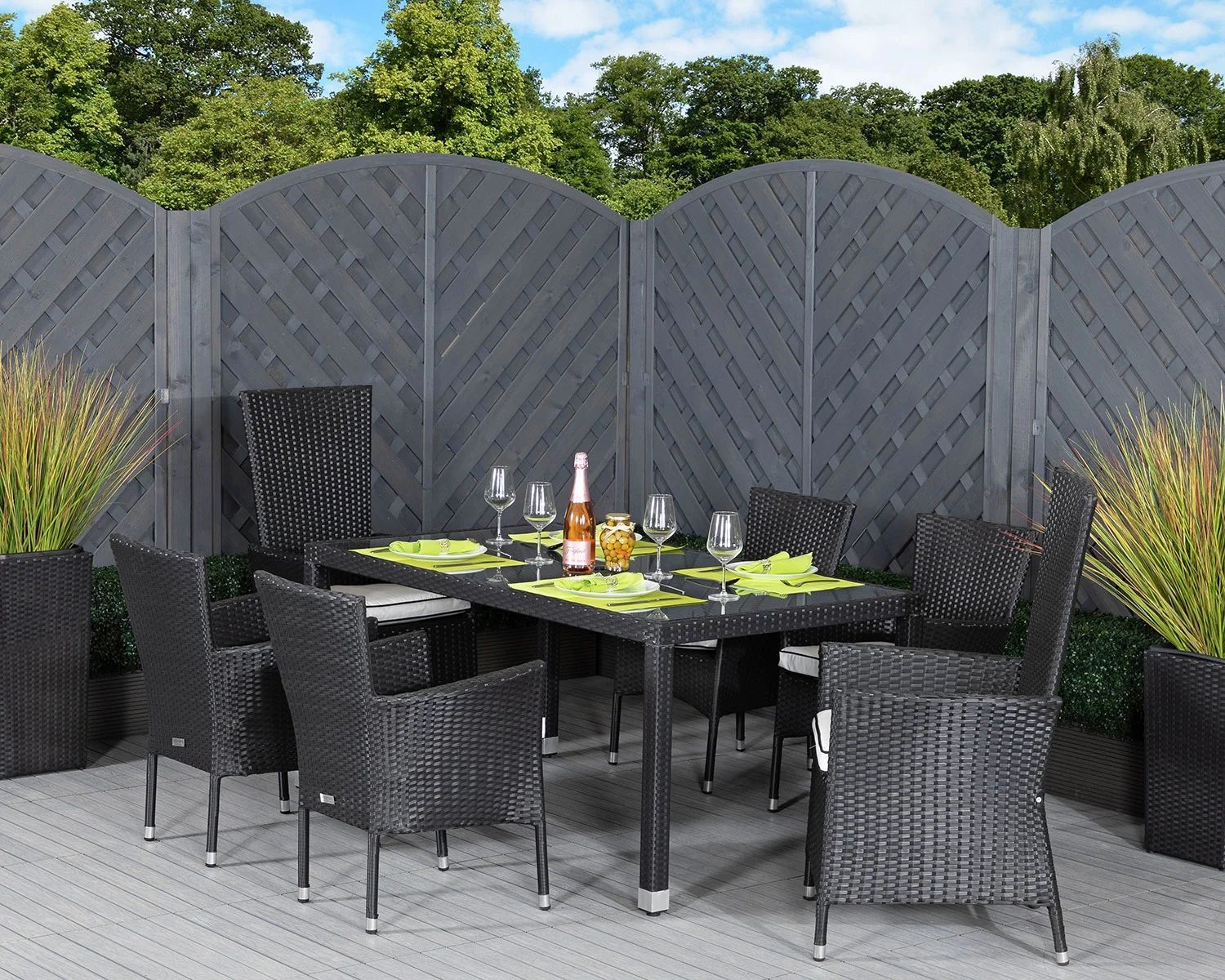 Cambridge 2 Reclining + 4 Stackable Rattan Garden Chairs and Open Leg Rectangular Table Set in Black and Vanilla