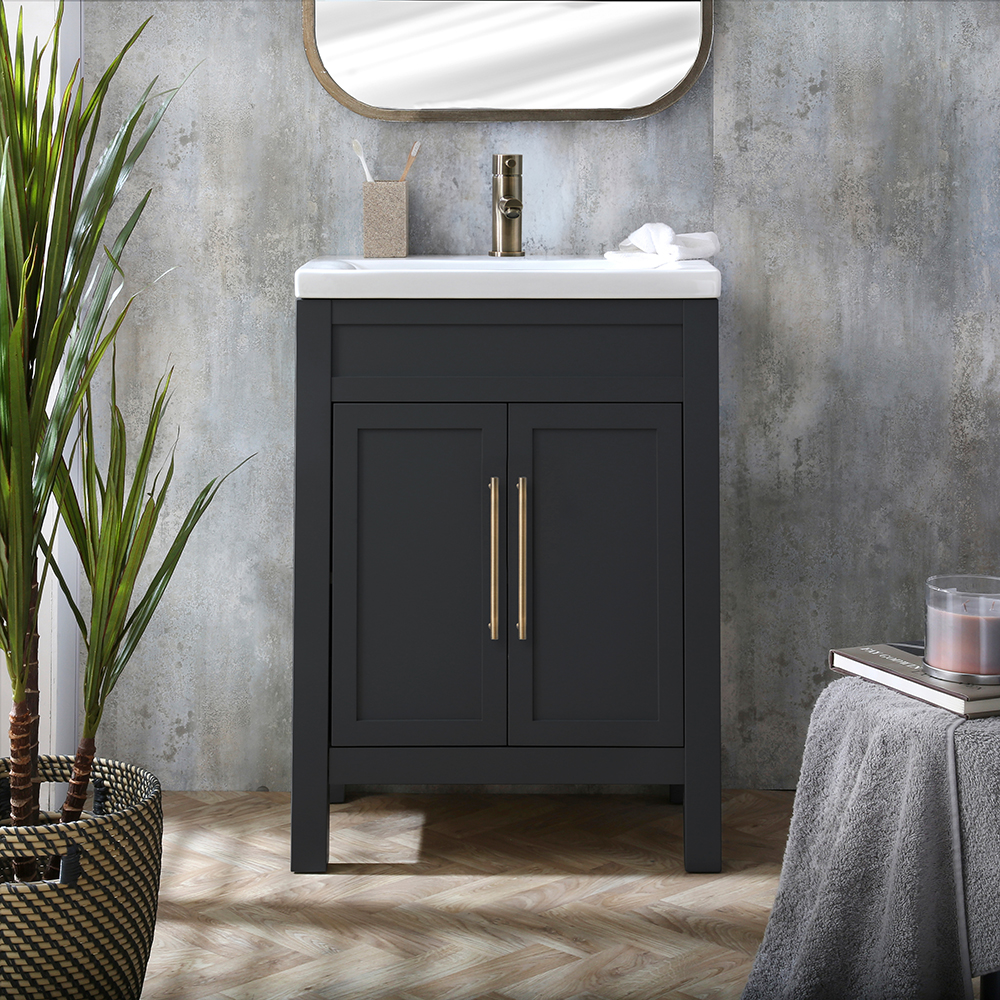 HudsonReed Milano Aston - Black Grey 600mm Traditional Vanity Unit with Basin and Aged Gold Modern T-Bar Handles