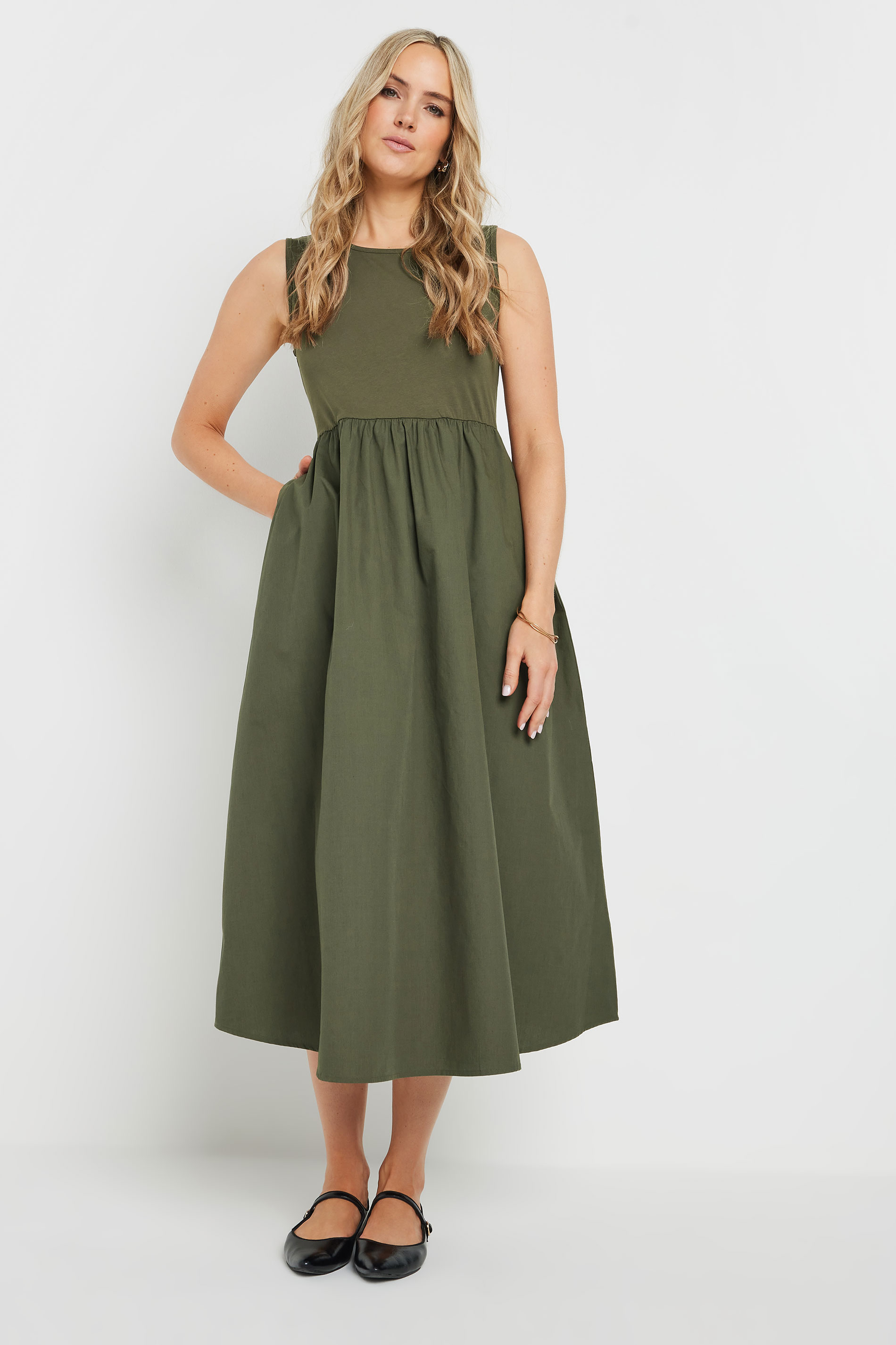 Lts Tall Khaki Green Jersey & Woven Mix Fabric Midi Dress 22-24 | Tall Women's Jersey Dresses