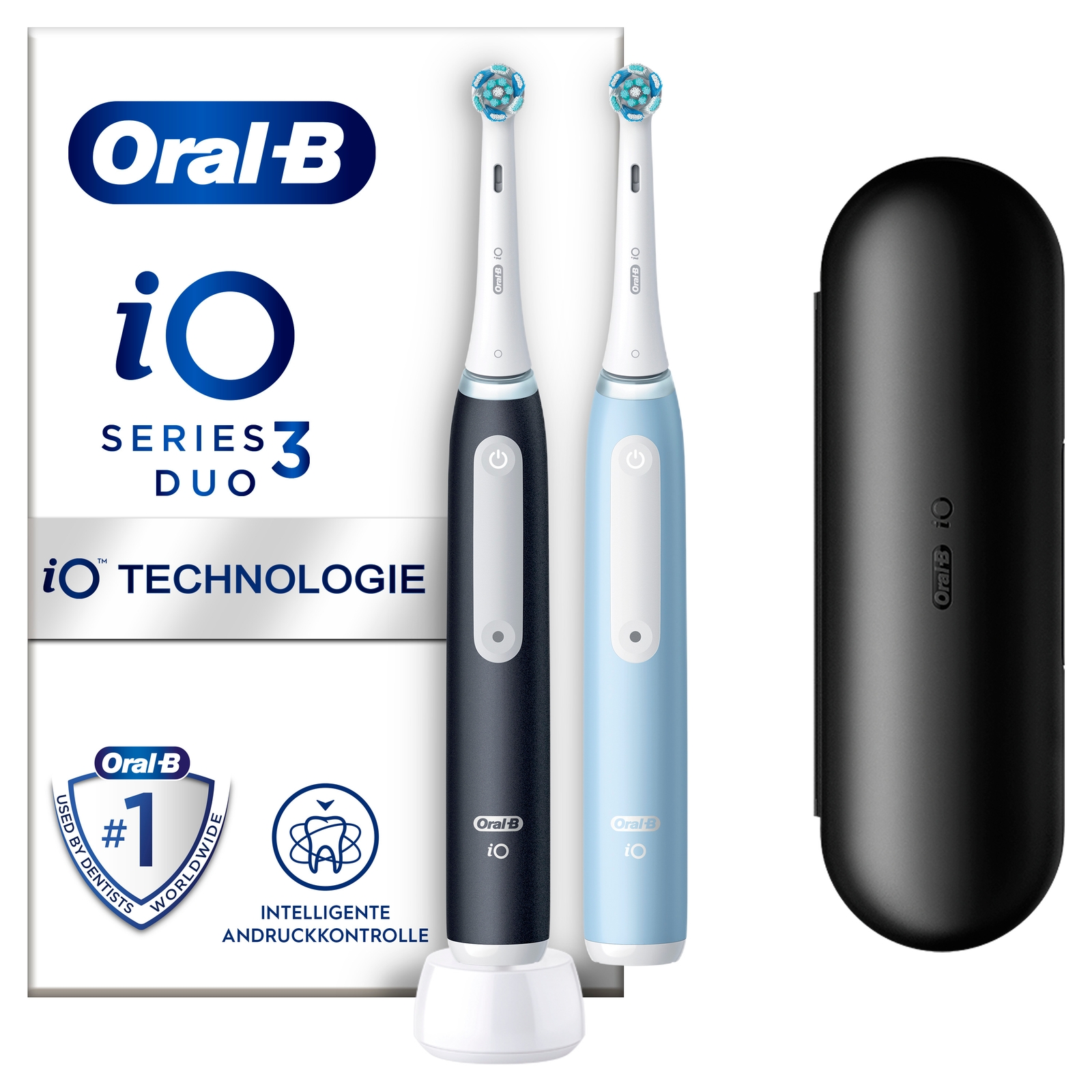 Oral-B iO 3 Pack of 2, Black and Blue Electric Toothbrushes, 2 Brush Heads, 1 Travel Case