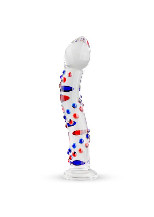 Gildo Dotted Dildo Glass, 7.3 Inch, White, Blue, And Red - For either vaginal or anal stimulation