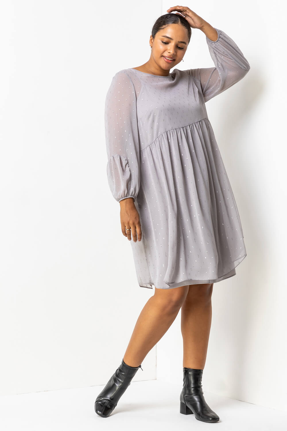 Roman Originals Curve Chiffon Spot Smock Dress in Grey