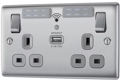 BG Brushed Steel 13A Raised Slim Double Wifi Extender Socket With Usb
