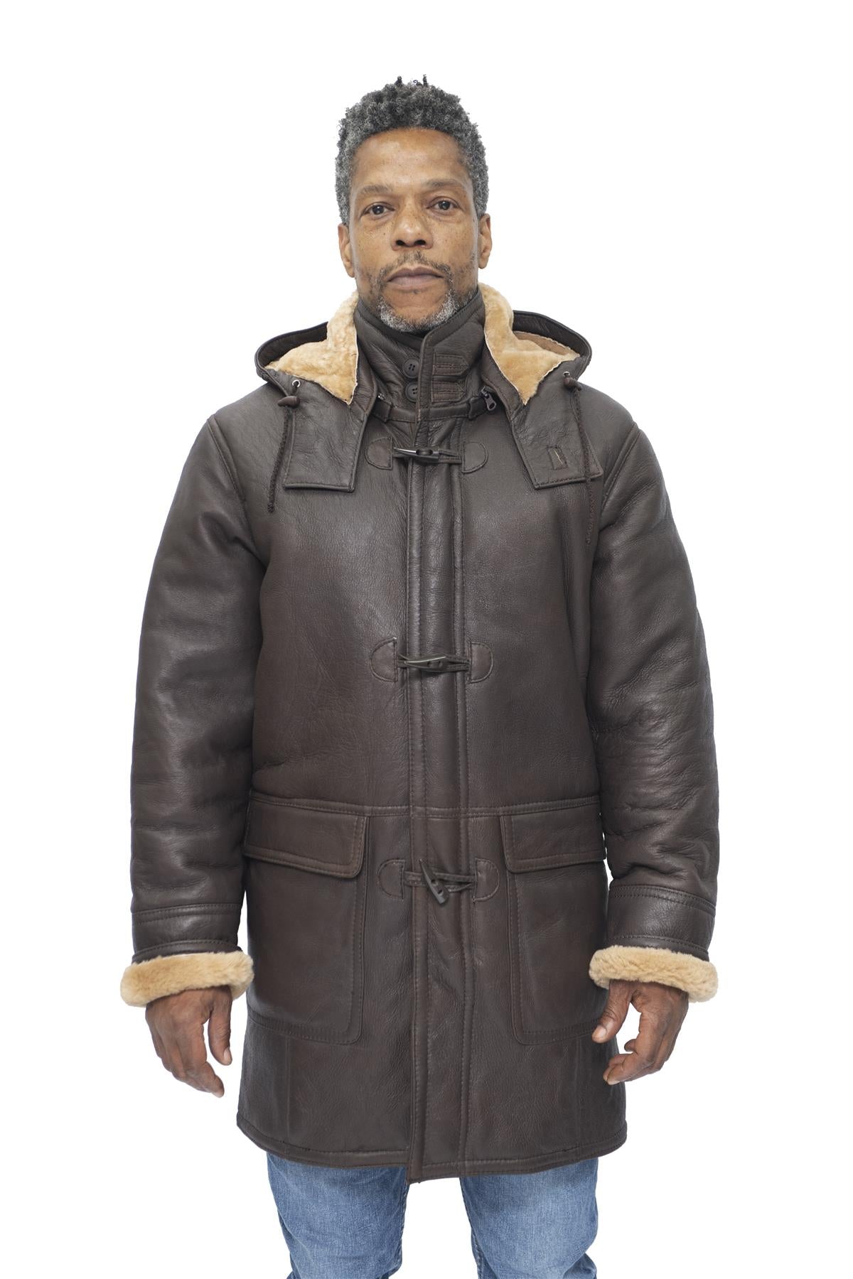 Infinity Leather Mens Sheepskin Hooded Duffle Coat-Hanko - Brown - Size Large