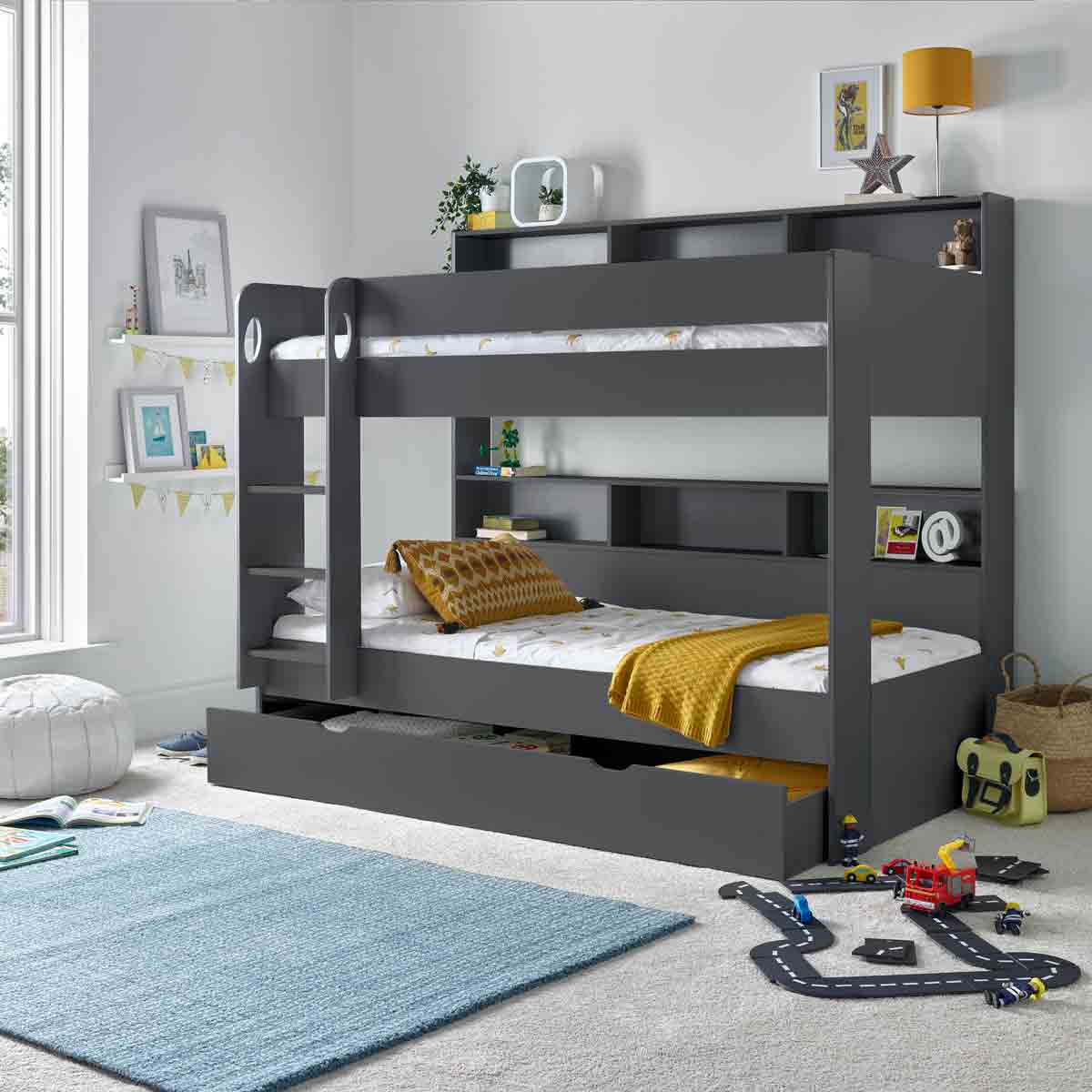  Oliver Onyx Grey Storage Bunk Bed No Drawer With Pocket Sprung Mattresses