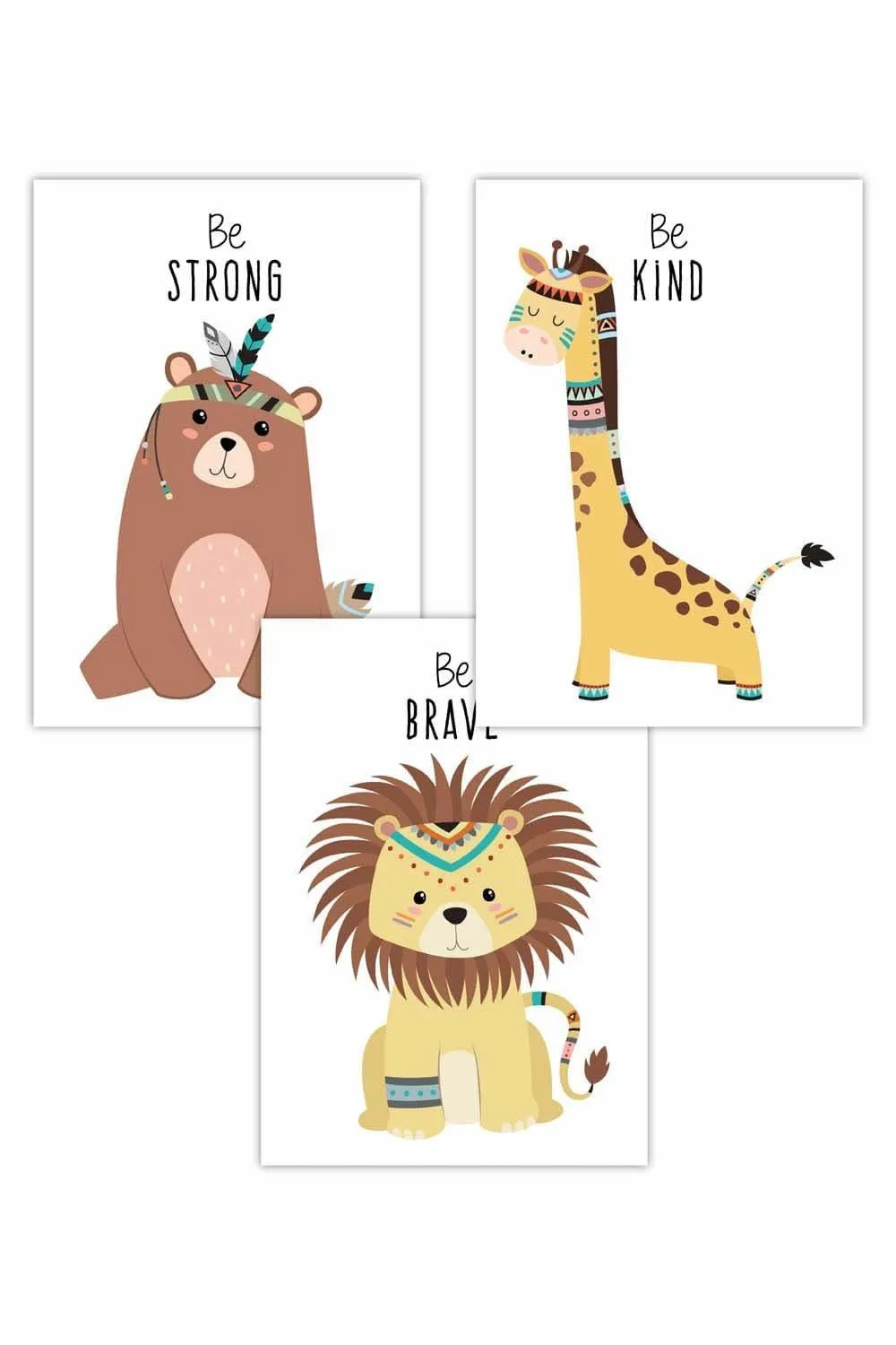 Artze Set of 3 Nursery Tribal Lion, Bear, Giraffe Quote Prints Art Posters