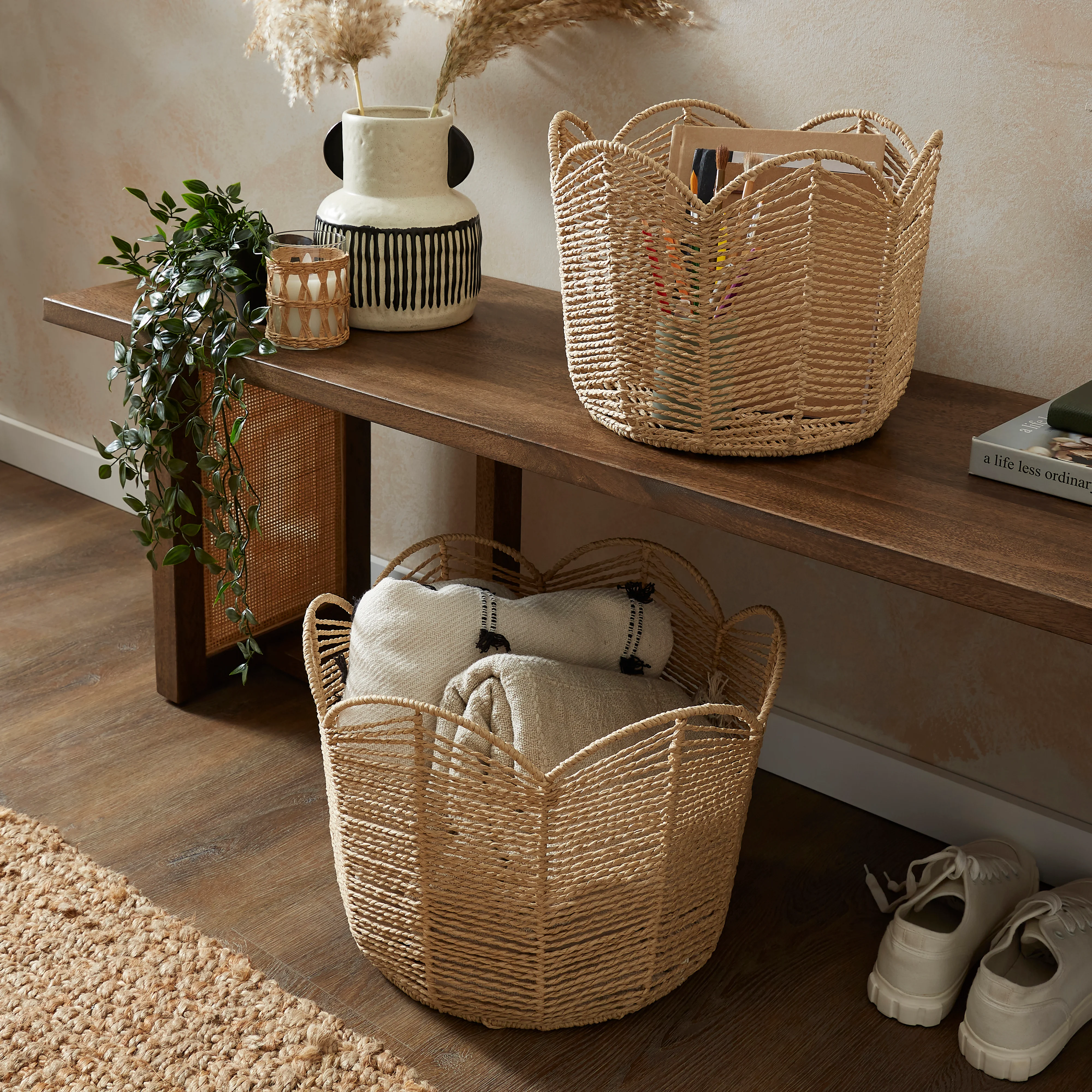 Dunelm Set of 2 Scalloped Paper Rope Baskets Natural