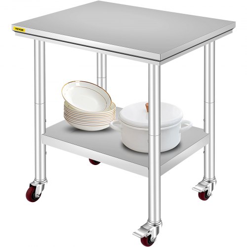 VEVOR Stainless Steel Catering Work Table 30x24 Inch Commercial Work Table with 4 Wheels Commercial Food Prep Workbench with Flexible Adjustment Shelf
