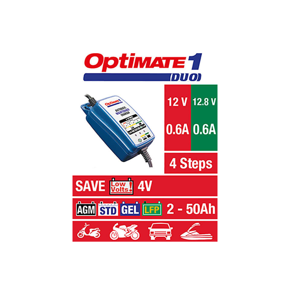  Optimate 1 Duo (tm402-d), 12v/12.8v, 0,6a, Caricabatterie A 4 Stadi Per 2-20ah Std/agm/gel/lfp