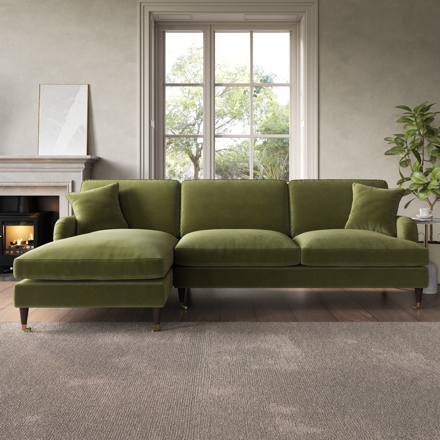 Payton 4 Seater Left Hand Facing L Shaped Sofa in Olive Green - Payton