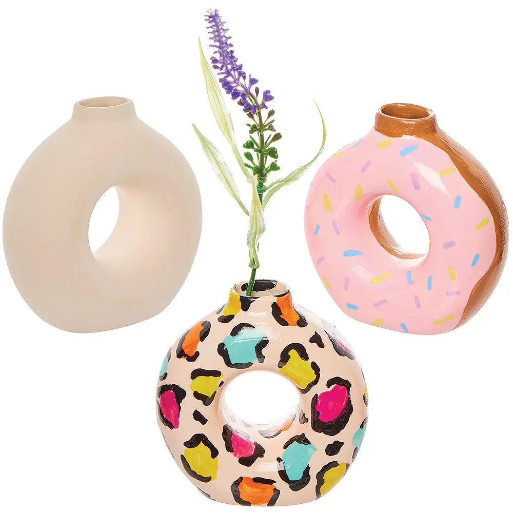 Baker Ross Ceramic Donut Vases (Box of 3) Paint & Decorate, 9.5cm x 9.5cm x 4cm, DIY Crafts