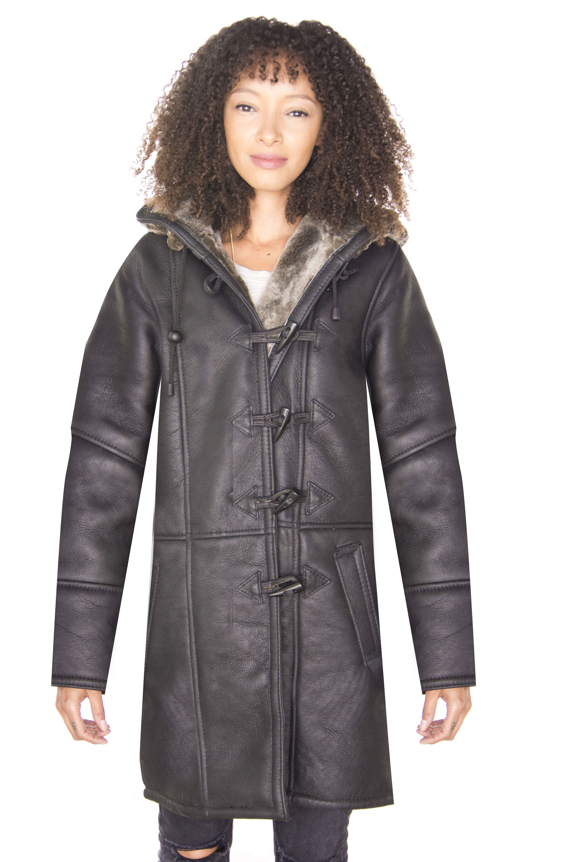 Infinity Leather Womens Black Shearling Hooded Duffle Coat-Lille - Size 14 UK