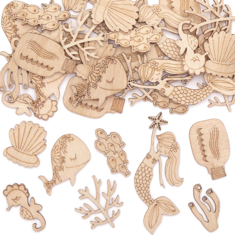 Baker Ross Mini Under The Sea Wooden Shapes - 45 Laser Cut Wooden Shapes In 8 Designs. Wood Cutout Sealife Shapes For Scrapbooking. Size 2-4cm.