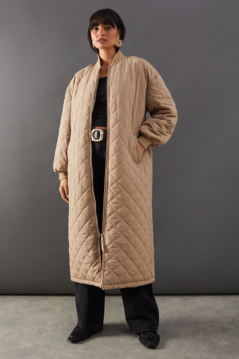 Diamond Quilted Padded Longline Coat