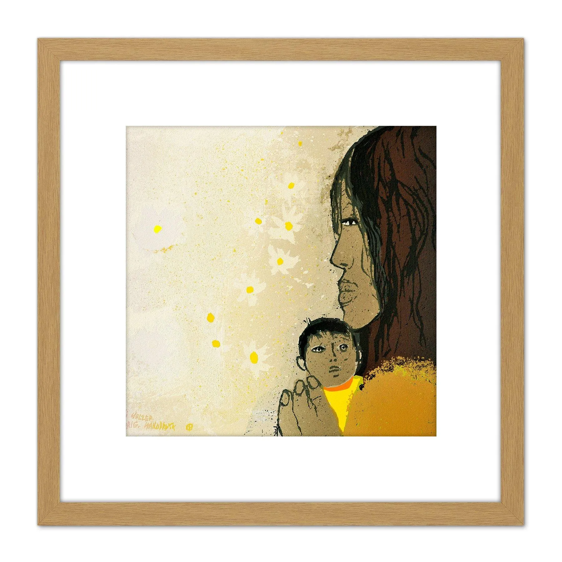 Artery8 Adi Holzer 263 Mother Child Painting 8X8 Inch Square Wooden Framed Wall Art Print Picture with Mount