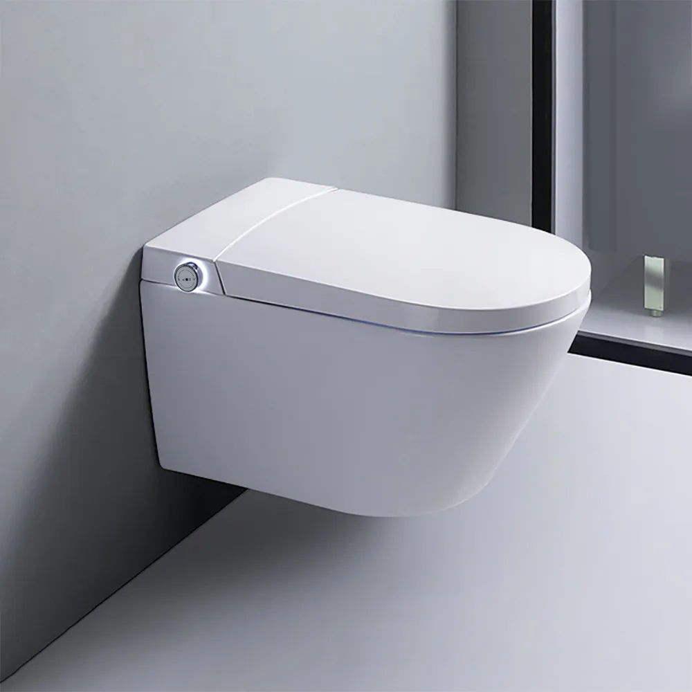 Elongated One-Piece Smart Toilet Wall Mounted 1.28 GPF Automatic Toilet with In-Wall Tank White