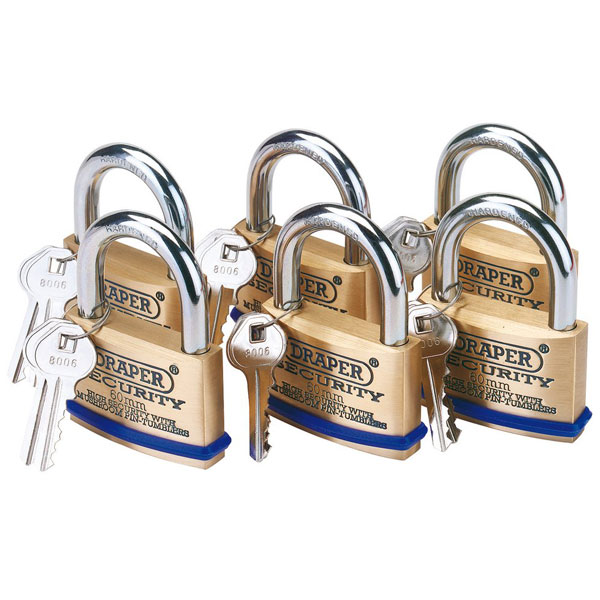 Draper Pack Of 6 X 60mm Solid Brass Padlocks With Hardened Steel Shackle 67663