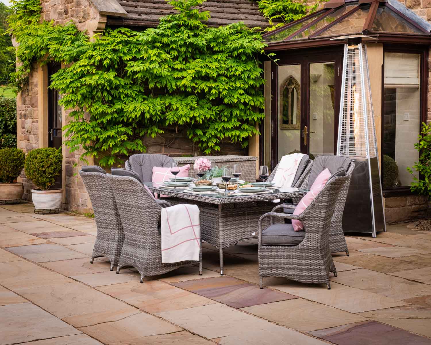 Marseille 6 Rattan Garden Dining Chairs & Large Rectangular Table in Grey