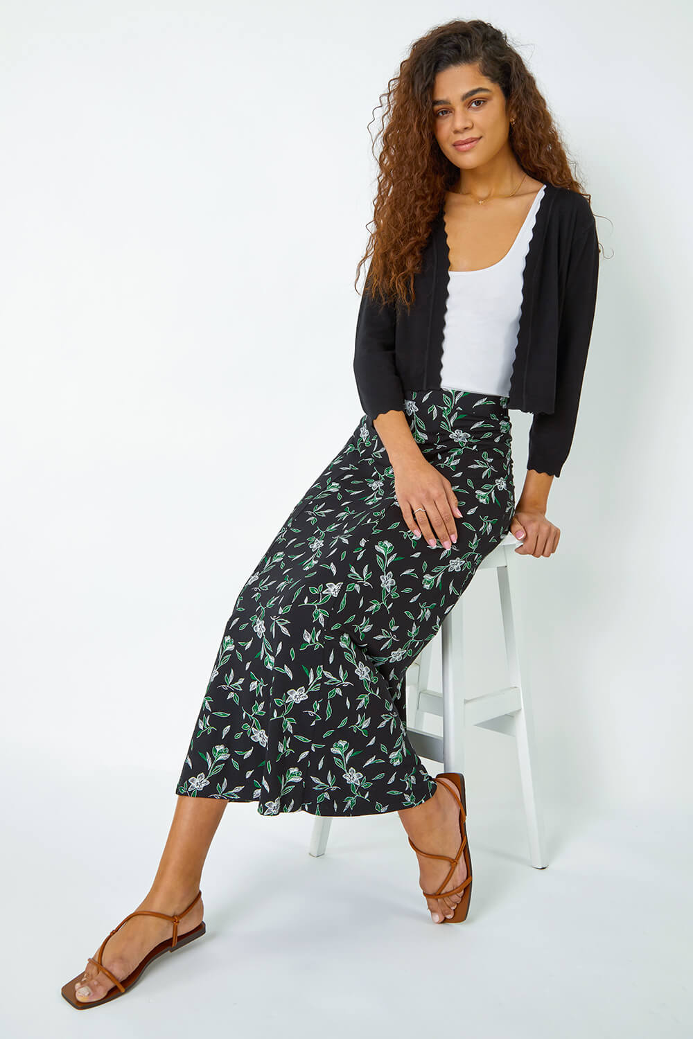 Floral Leaf Stretch Jersey Midi Skirt