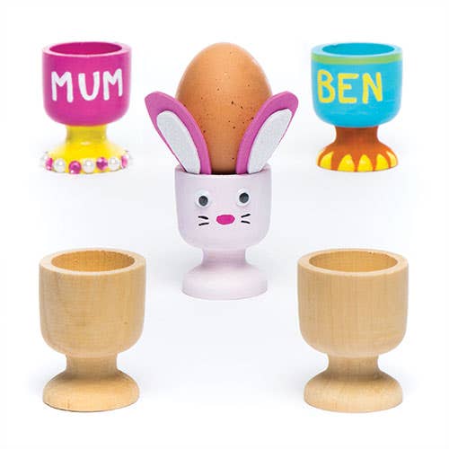 Baker Ross Wooden Egg Cups - 6 wooden egg cups made of hard wood to paint and decorate. Egg cup size 48mm high, diameter 33mm