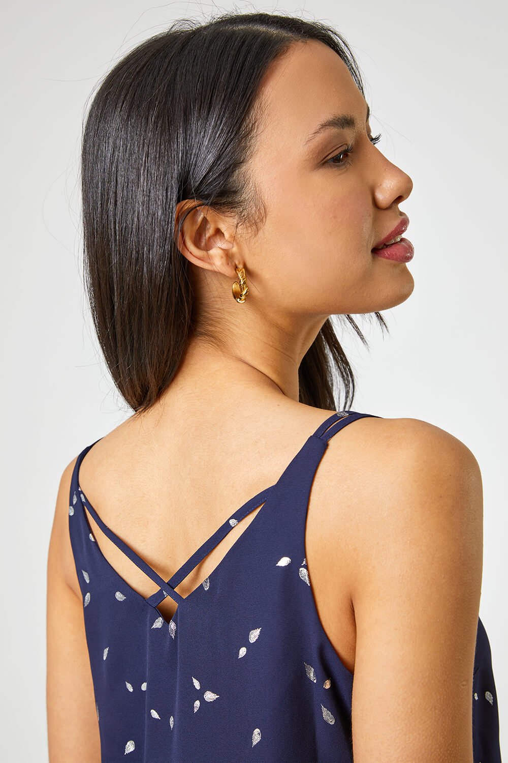 Roman Originals Foil Print Cross Back V-Neck Camisole in Navy
