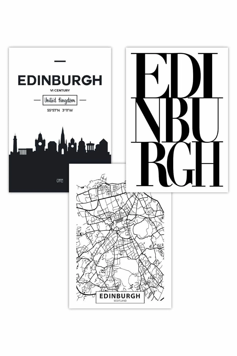 Artze Set Of 3 Edinburgh Skyline Street Map City Prints Art Posters