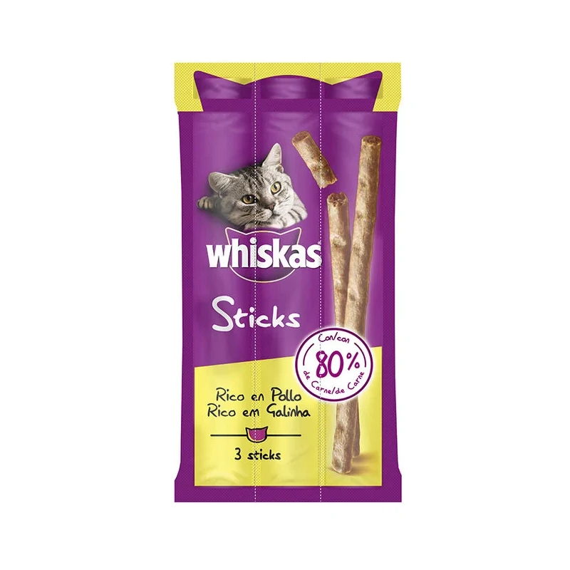 Whiskas 3 x 6 gr Whiskas Sticks Bocaditos para Gatos con Sabor a Pollo