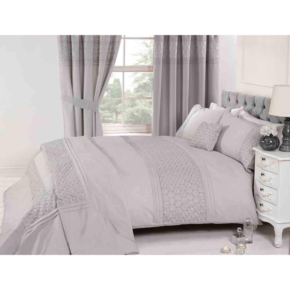 Everdean Lace Pin-Tuck Grey Duvet Cover Set - Double