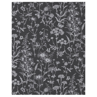 LAURA ASHLEY Lisette Charcoal Silhouette Floral Glass Splashback, (H)750mm (W)600mm (T)6mm