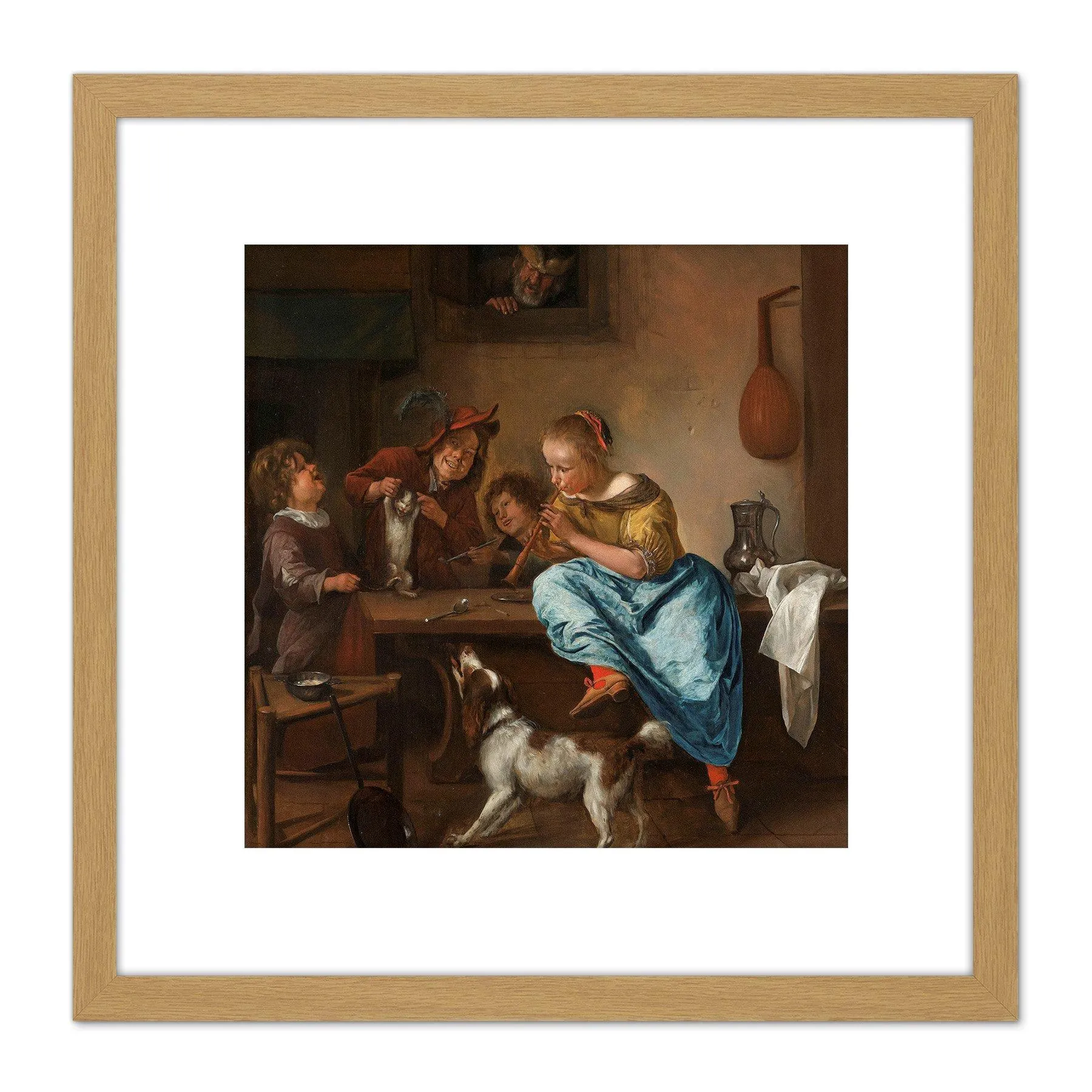 Artery8 Steen Children Teaching A Cat The Dancing Lesson 8X8 Inch Square Wooden Framed Wall Art Print Picture with Mount