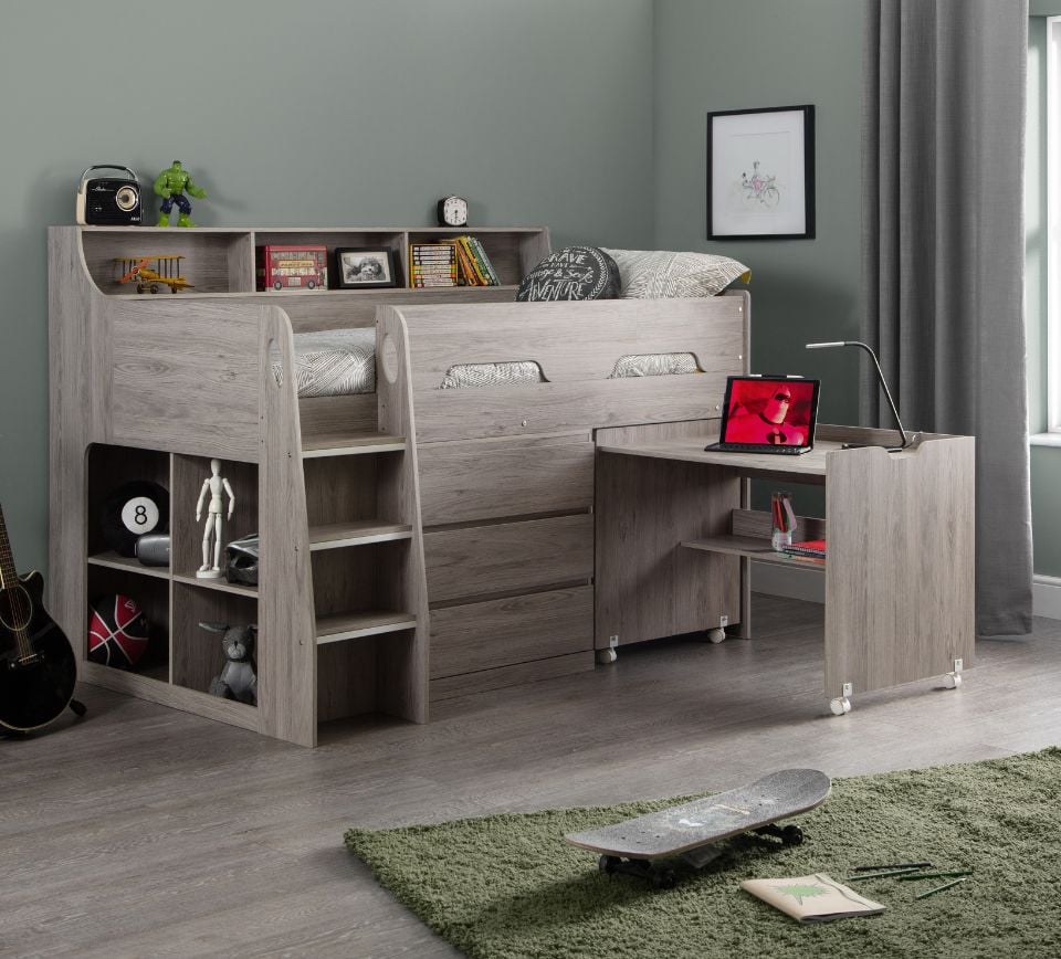 Happy Beds Jupiter - Single - Kids Mid Sleeper Cabin Bed - Grey - Wood - 3ft