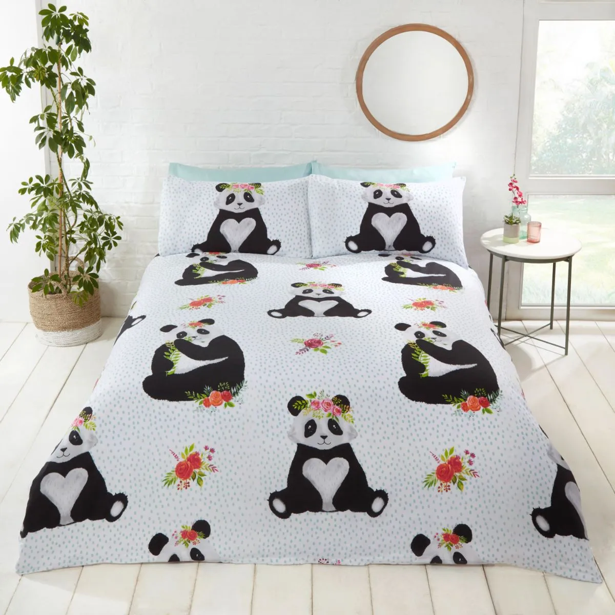 Panda Bear Floral White Duvet Cover Set - Double
