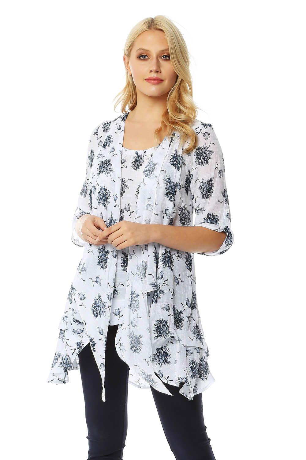 Roman Women's Floral Print Crinkle Tunic Top|Size: 10|blue