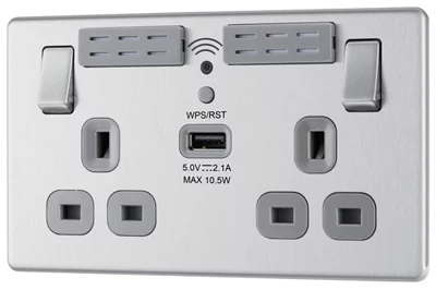 GoodHome Brushed Steel 13A Switched Double Screwless Wifi Extender Socket With Usb