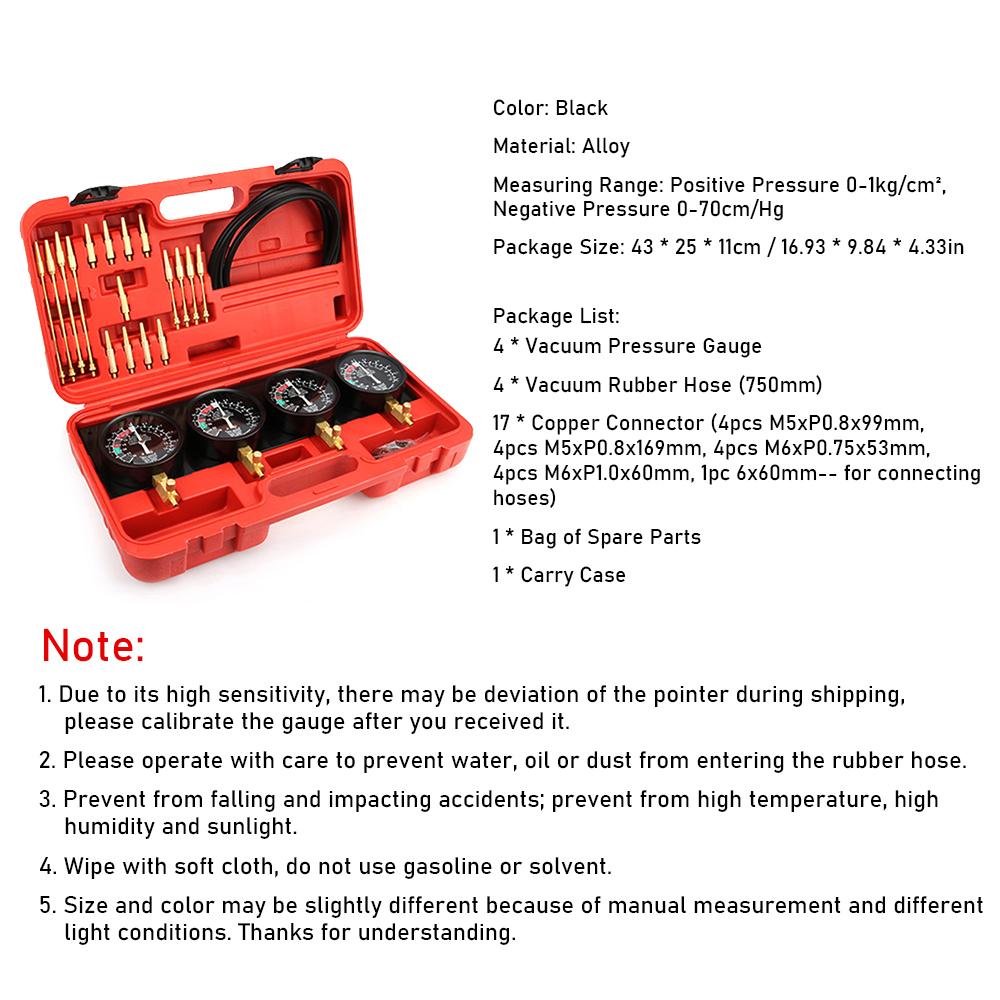 VehicleKit 4-Cylinder Vacuum Carburetor Synchronization Balancer Gauge Universal Carb Synchronizer Balancing