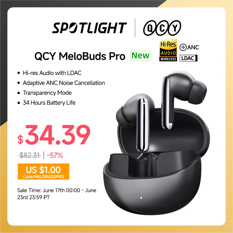 QCY Melobuds Pro Anc Bluetooth 5.3 Earphones Wireless 46db Hybrid Anc Hi-res Ldac Earbuds 6 Mic