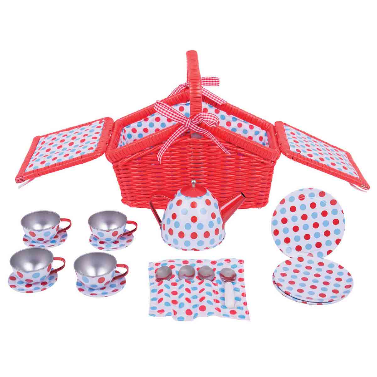 Bigjigs Toys Spotted Basket Tea Set|red