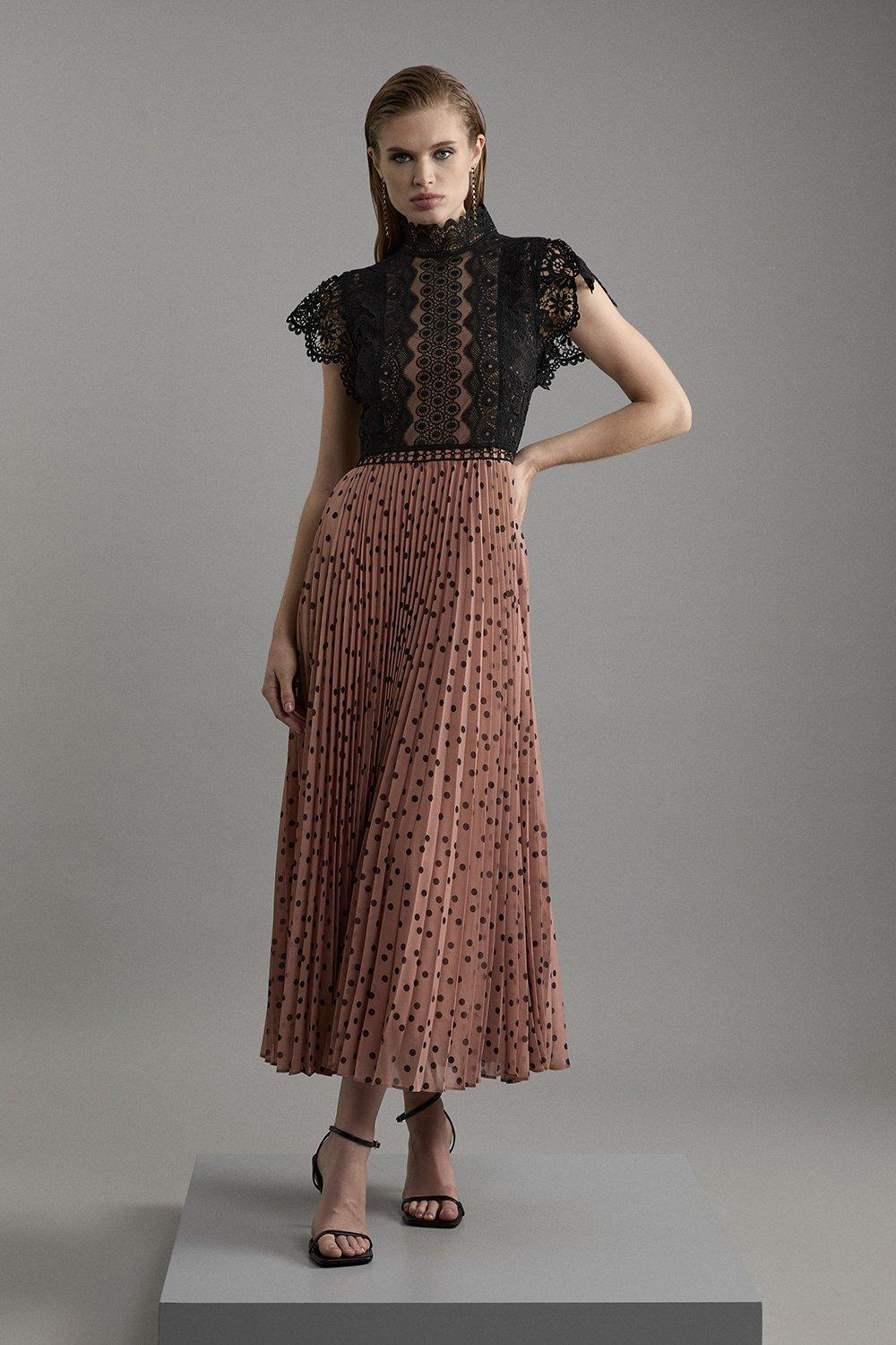 Guipure Lace Dot Pleated Skirt Midi Dress
