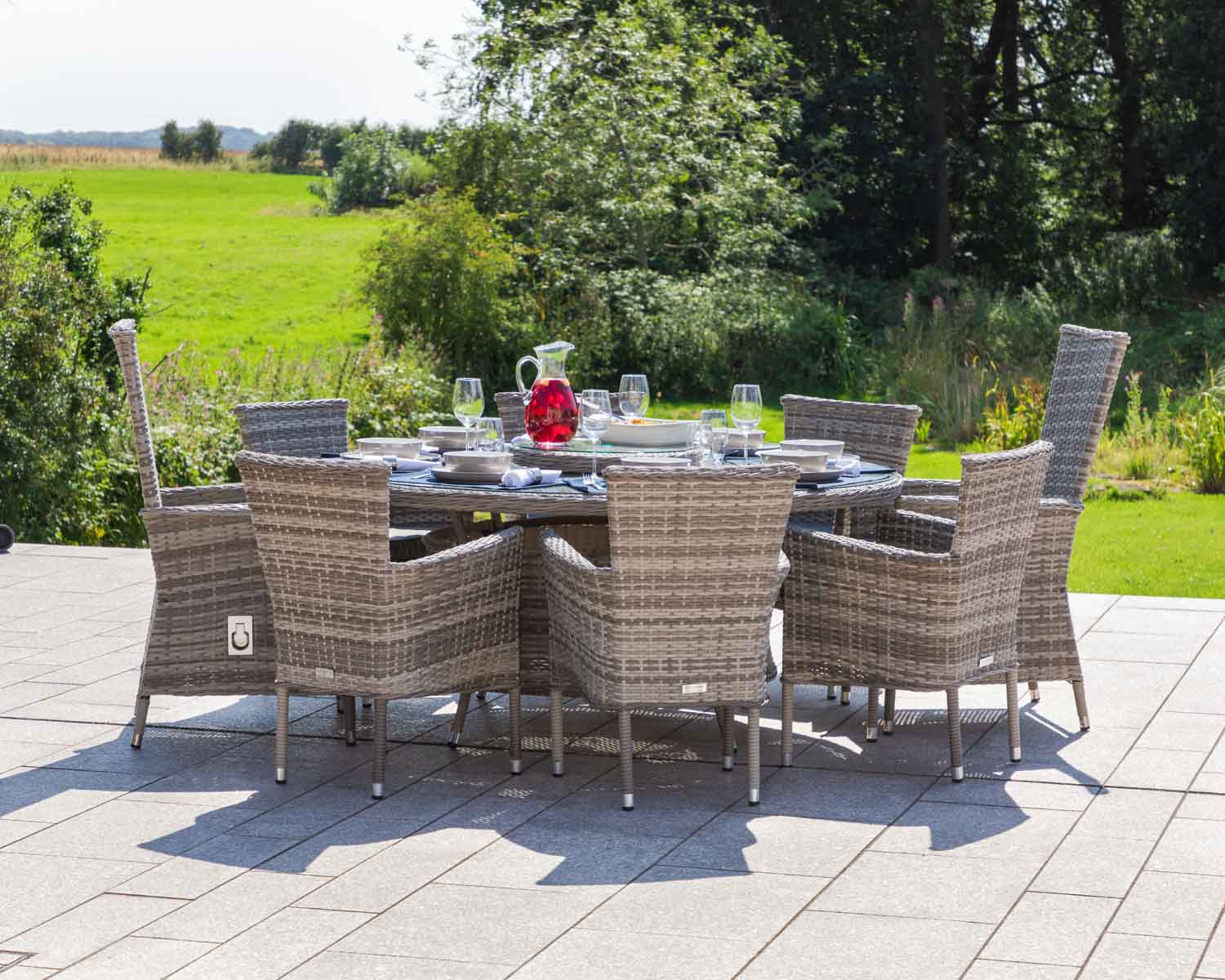 Rattan Direct Cambridge 2 Reclining & 6 Stacking Chairs & Large Round Dining Table Set in Grey - Cambridge -