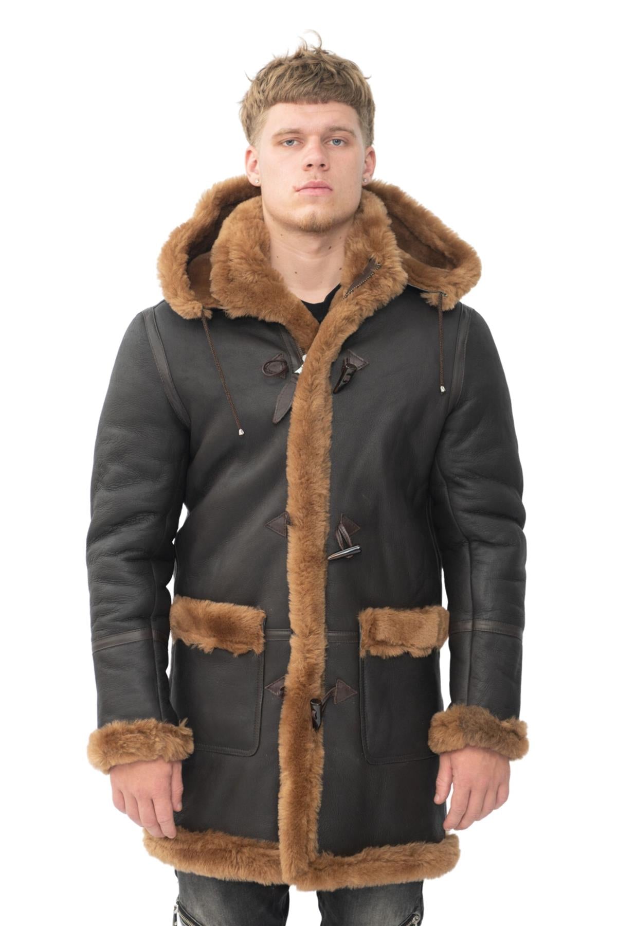 Infinity Leather Mens Winter Sheepskin Hooded Duffle Coat-Helsinki - Brown - Size 2XL